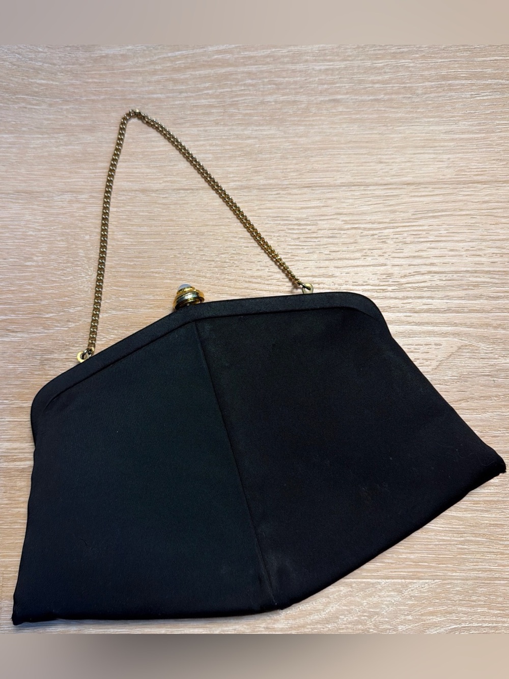 Vintage 1950s Black Satin Evening Bag MCM Trapezoid Convertible Chain Clutch